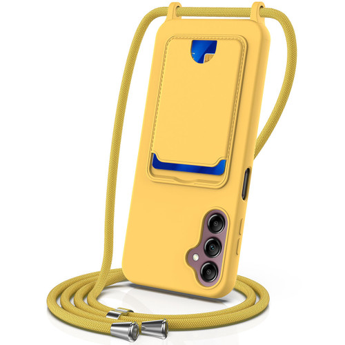Samsung Galaxy A16 5G Integrated Card Bag Solid Color Liquid Silicone Phone Case with Lanyard - Yellow